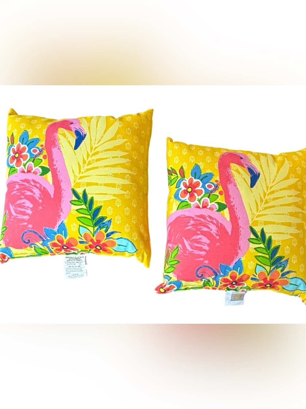 Set of 2 Tropical Flamingo Outdoor Throw Pillows Yellow Decor 18”